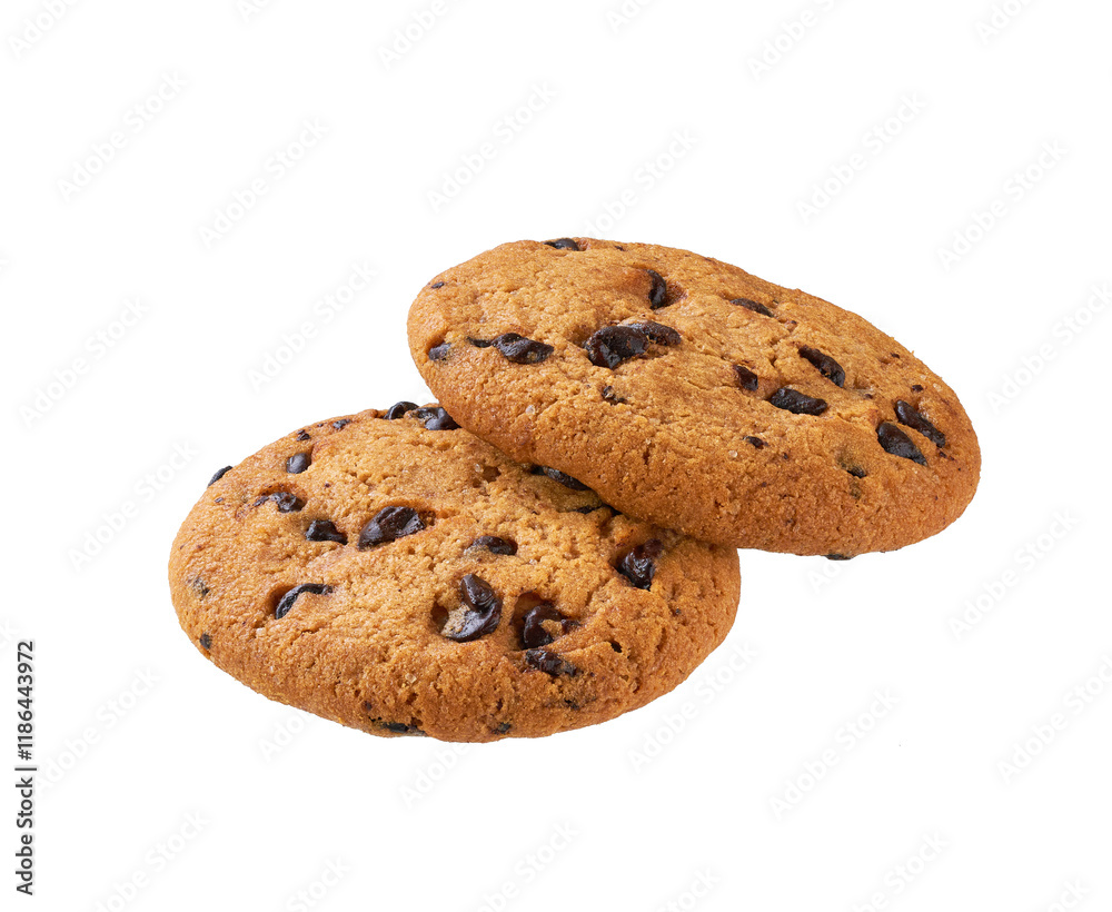 Two chocolate chip cookies isolated. Chocolate chip cookies isolated on white background. Two chocolate chip cookies isolated. Chocolate chip cookies isolated on white background.