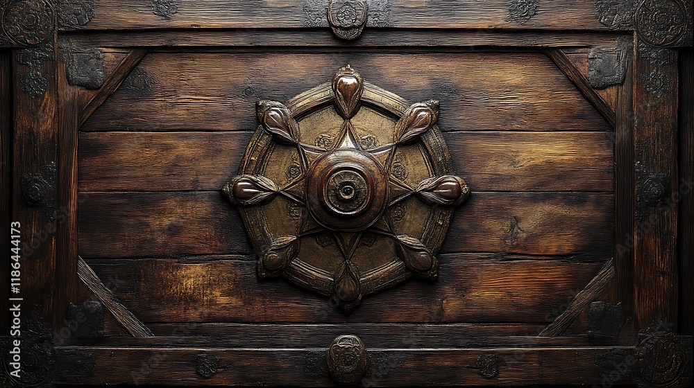 Ornate Wooden Panel With Central Decorative Emblem