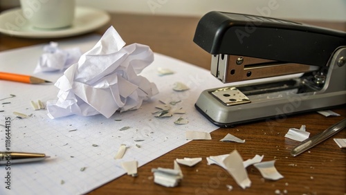 A crumpled piece of paper caught in a broken stapler on a worktable, with fragments and metal shreds surrounding it, stapler, crumpled, paper photo