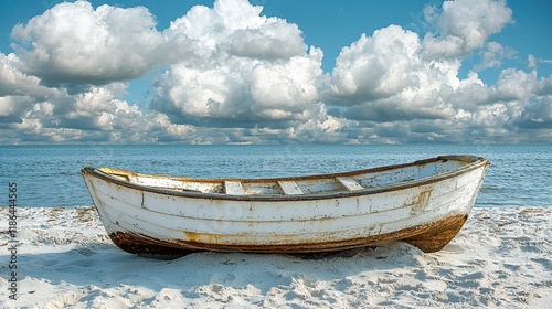 White boat on sandy beach, ocean, cloudy sky.