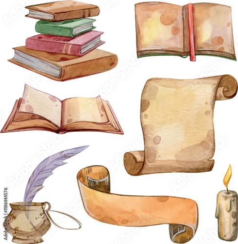 Watercolor hand painted Book set. Magic, school of magic, Magic school. Illustration isolated on white background. Use it for postcards, invitations, and scrapbooking.