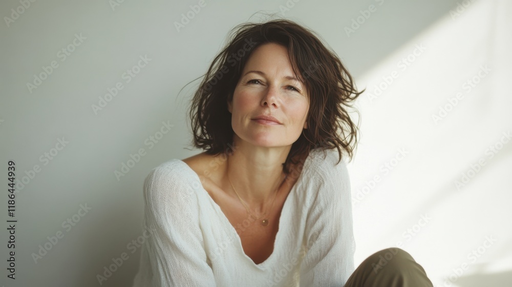 Serene Confidence: A portrait of a woman, showcasing her natural beauty and calm demeanor. Her short, wavy hair and thoughtful expression convey a sense of inner peace and self-assurance. Serene Confidence: A portrait of a woman, showcasing her natural beauty and calm demeanor. Her short, wavy hair and thoughtful expression convey a sense of inner peace and self-assurance.
