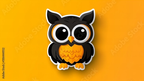 Adorable cartoon owl with big eyes, perched on an orange background. Halloween-themed design. photo