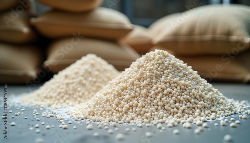 Piles of white granular chemical fertilizer. Bags of fertilizer in background. Close-up view. Agriculture industry farming related business. Photo used to display fertilizer production for farming