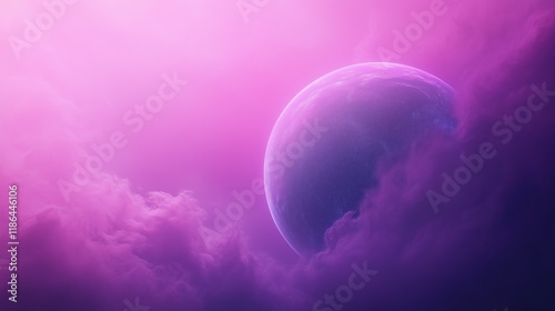 Surreal Pink Sky with Glowing Planet Emerging from Dreamy Clouds in Ethereal Atmosphere, Cosmic Vibes, Fantastical, Mystical Landscape for Futuristic Abstract Design and Themes with Vibrant Colors photo