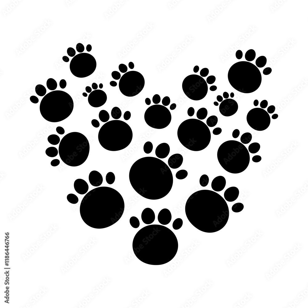 Fototapeta premium eart shape made from pet paw prints, symbolizing love for animals. Perfect vector format for pet lovers and creative projects