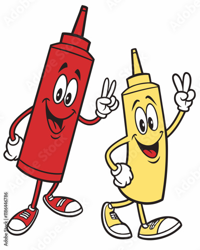 cartoon character of ketchup and mustard