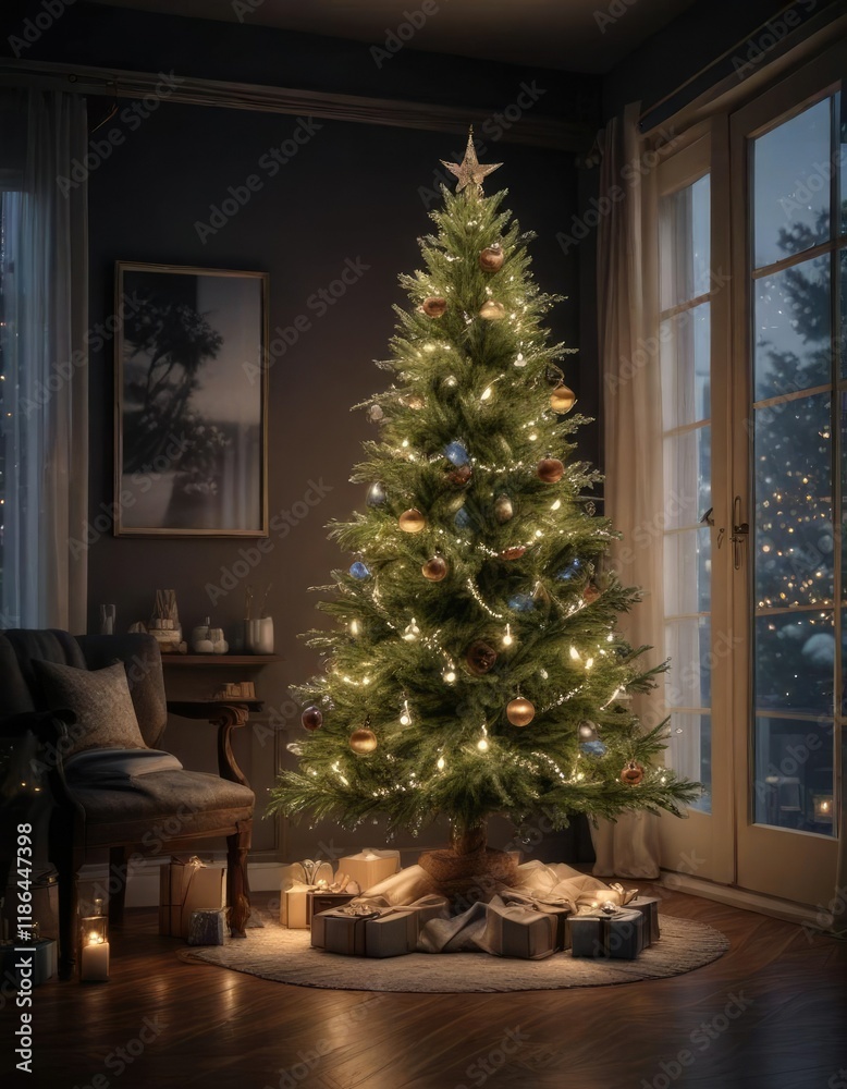 A beautifully decorated Christmas tree in a darkened room with only soft fairy lights glowing, interior, twinkling lights A beautifully decorated Christmas tree in a darkened room with only soft fairy lights glowing, interior, twinkling lights