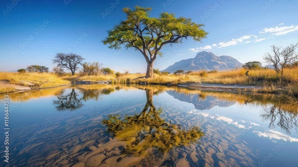 A serene landscape featuring a tree reflected in a calm body of water, with mountains in the background. A serene landscape featuring a tree reflected in a calm body of water, with mountains in the background.