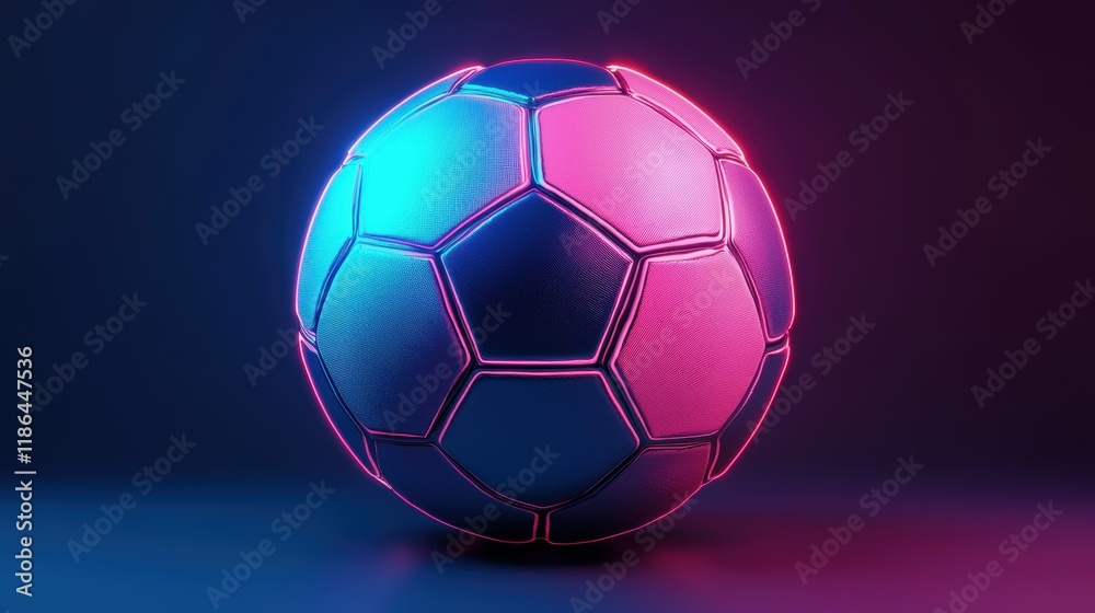 Fototapeta premium Vibrant Neon Soccer Ball in Blue and Pink Glow Against Dark Background