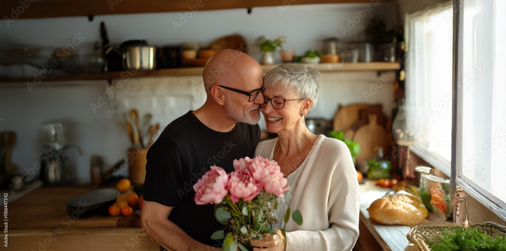 Couple embracing warmly in a cozy home setting, celebrating love, companionship, and a lifetime of shared memories Couple embracing warmly in a cozy home setting, celebrating love, companionship, and a lifetime of shared memories
