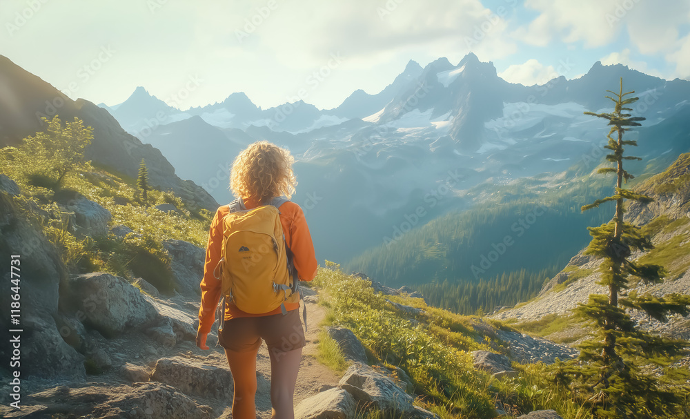 Obraz premium A young woman with curly blonde hair, wearing an orange jacket and a yellow backpack, hikes through a breathtaking alpine landscape with lush greenery and rugged mountains under golden sunlight.