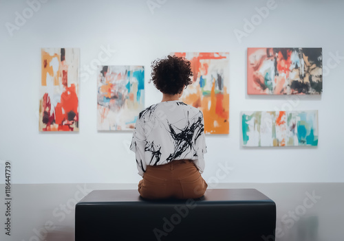 A woman in an abstract-print blouse sits in a contemporary gallery, attentively observing a series of vivid paintings on the exhibition wall.