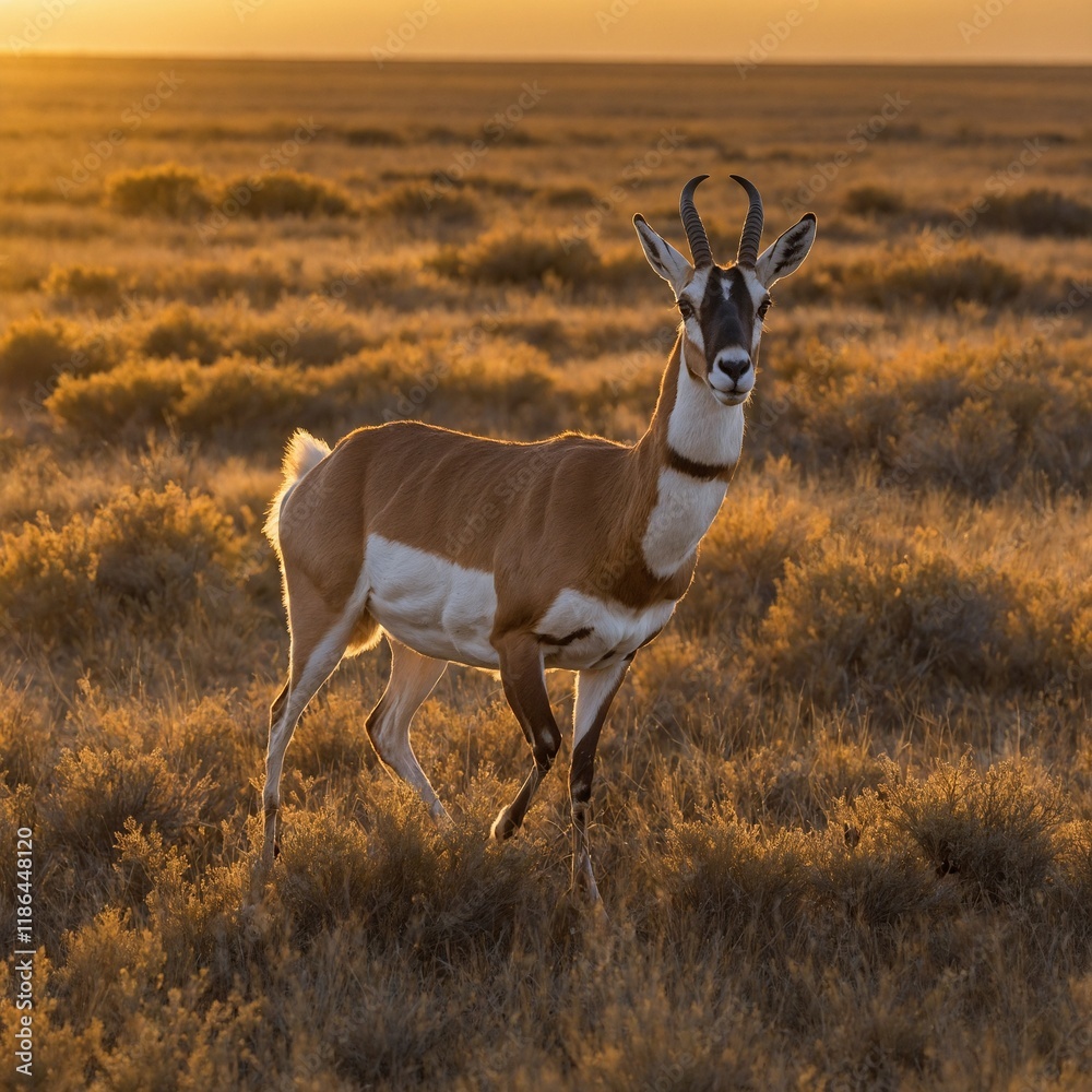 A pronghorn antelope sprinting gracefully across the wide open prairie under a golden sunset. A pronghorn antelope sprinting gracefully across the wide open prairie under a golden sunset.
