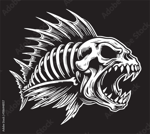 Fish Horror Skull Darkness of the Deep Bone Appetit on Black Bakcground T-shirts and Wall Decal Workout Athletic Gym Muscle Logo Fitness Beast Barbell Bodybuilding Healthy Wall Sticker for Gym Decor photo