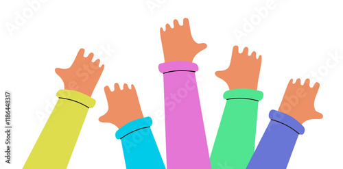 Cartoon style illustration of voting concepts. Hands raised up voting. Male and female hands of different cultures and nations. Flat style. Vector illustration.