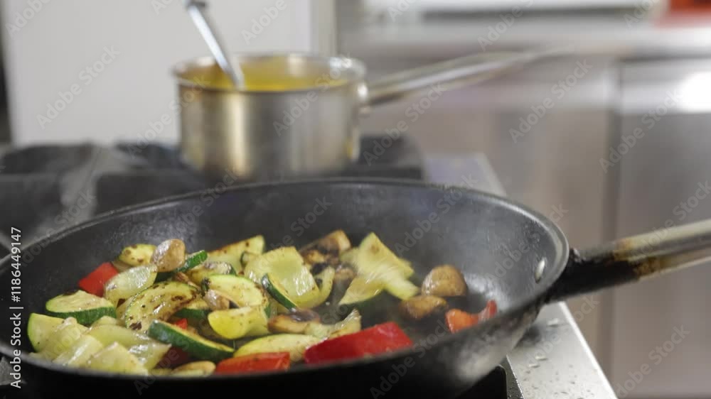 Chef tossing fresh, colorful vegetables