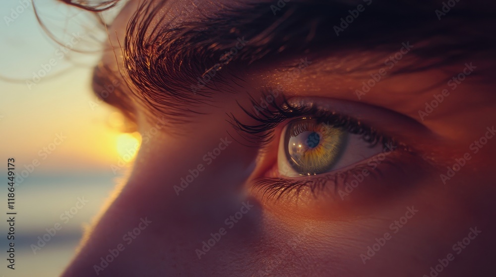Fototapeta premium Golden Hour Gaze: A Sunset Portrait of an Eye