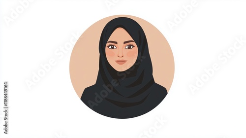 round logo of an emirati woman with black traditional dress, smiling, simple shapes flat design style