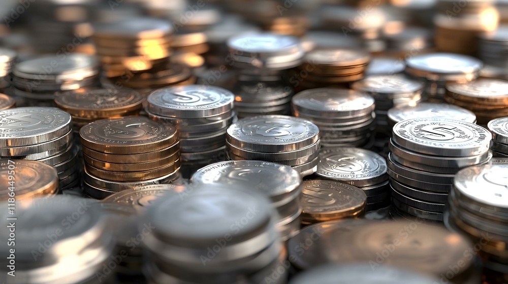 Stacks of shiny silver and gold coins. Close-up shot emphasizing texture and depth. Ideal for finance, wealth, and investment concepts. Stacks of shiny silver and gold coins. Close-up shot emphasizing texture and depth. Ideal for finance, wealth, and investment concepts.