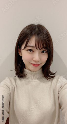 日本人女性のセルフィー写真、自撮り、笑顔、20代
