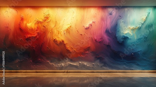  A clear HD shot of a contemporary abstract wall painting with vibrant colors and fine detail, displayed on a smooth, neutral-colored wall.