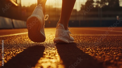 Sunset Runner:  Close-up view of runner's feet on a running track at sunset, emphasizing determination and the pursuit of fitness goals.  photo