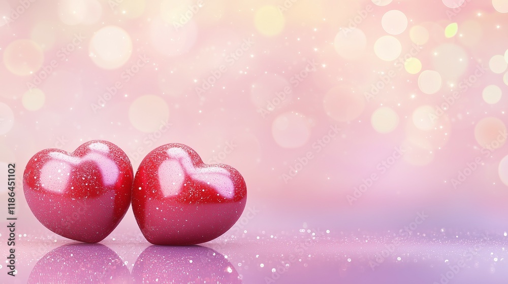 Two red hearts on a pink glitter background with bokeh and copy space for a Happy Valentine's Day, romantic love concept banner design Two red hearts on a pink glitter background with bokeh and copy space for a Happy Valentine's Day, romantic love concept banner design