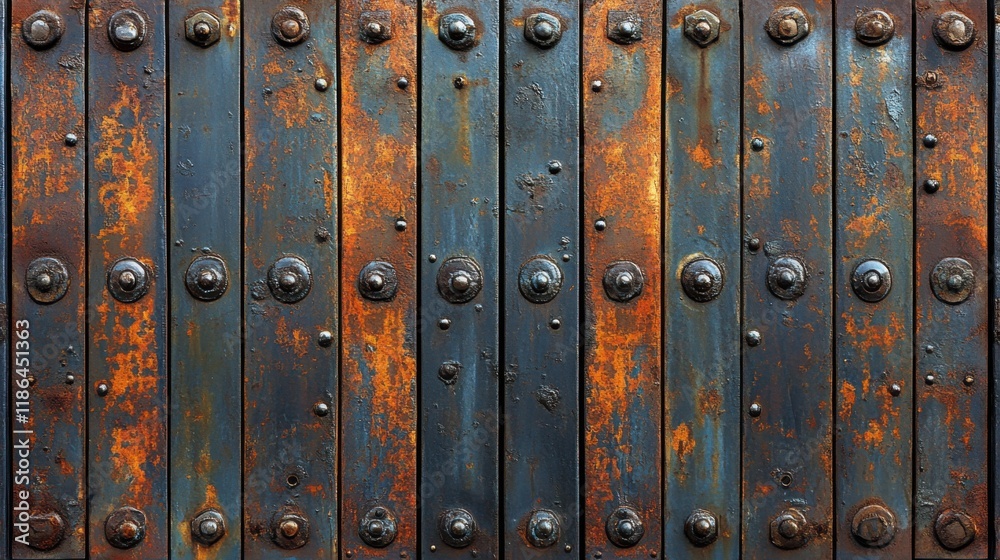 Fototapeta premium Vintage Metal Sign with Rust and Patina in a Downtown Space Featuring Textured Panels and Rivets, Perfect for Industrial Design Projects