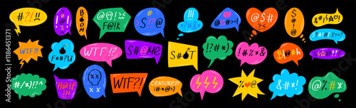 Cartoon sketch bubble. Background box, profanity speech, swearword dialogue. Icon cloud, aggressive emotion, insult balloon. Colorful different forms, pencil dialog text. Vector grunge garish sign