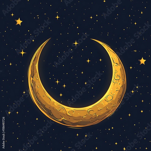 Golden Crescent Moon Amidst a Starry Night Sky photo