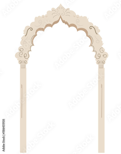 Traditional Mughal Arch vector design for Vintage wedding invitation card, Mughal Dome and trees, rajasthani dome palace temple, mahal, jharoka, mughal foliage

