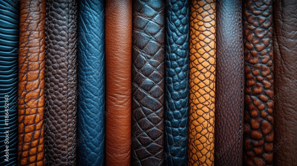 A Diverse Collection of Leather Samples Showcasing Various Textures and Colors Suitable for Backgrounds and Design Projects A Diverse Collection of Leather Samples Showcasing Various Textures and Colors Suitable for Backgrounds and Design Projects