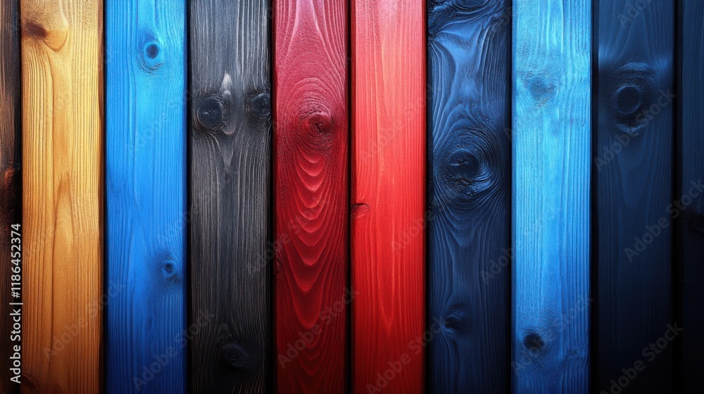 Obraz premium Distressed Rustic Wood Backdrop Featuring Vibrant Red and Blue Stripes in an Artistic Arrangement Ideal for Creative Projects and Designs