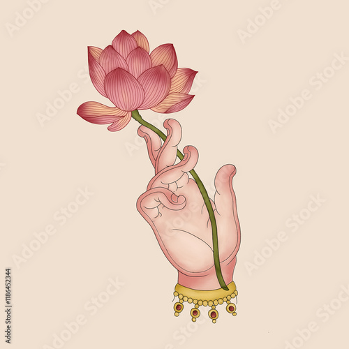 Tablou pe pânză Traditional Indian folk art illustration of a divine hand holding a pink lotus flower