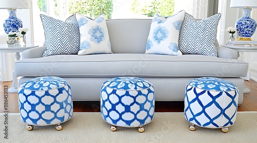 Blue   White Coastal Living Room Decor  Sofa  Pillows  Ottomans photo