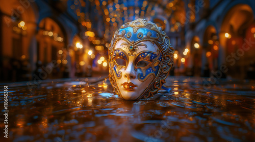 Colorful ornate mask displayed on a table in a crafting shop dedicated to local artistry photo