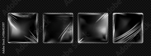 Plastic texture. Vinyl cover. Polyethylene background. Music sticker. Record package in transparent film. Album pack. Foil wrap. Cellophane fold tape. Square wrapper. Vector grunge design mockups set