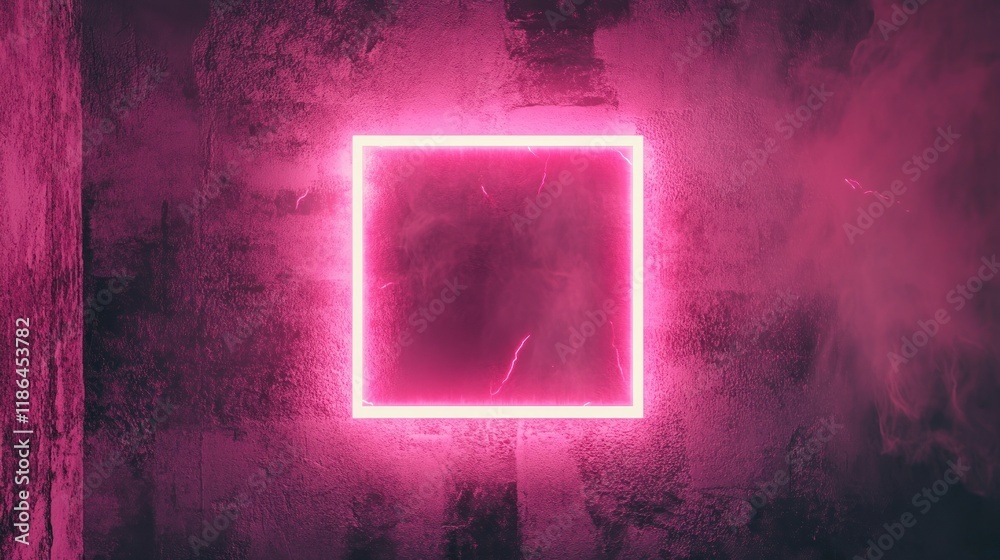 Fototapeta premium Close up of a neon pink square frame with smoky light illuminating a textured wall. Ai generated image