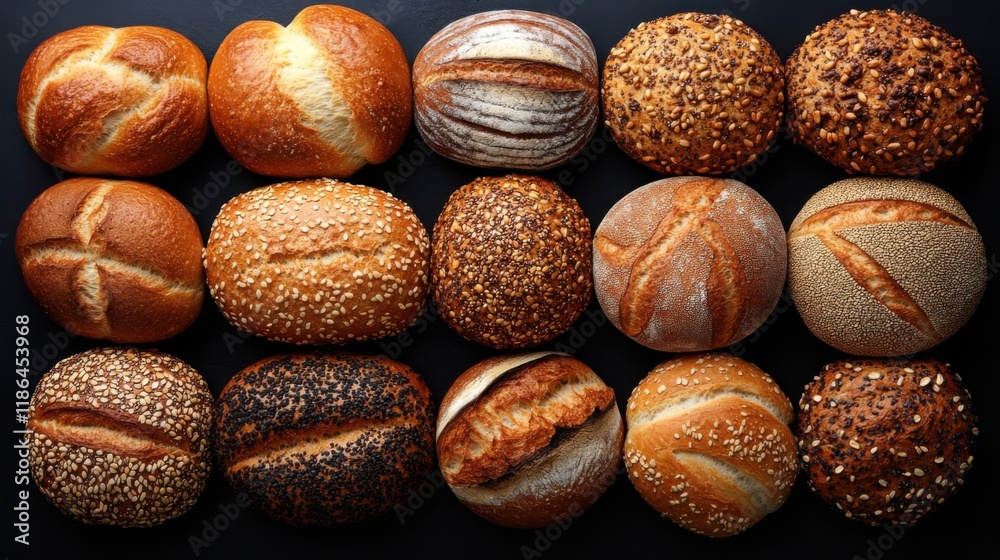 Freshly Baked Variety of Artisan Breads Displayed in an Artistic Composition Highlighting Abundance and Texture in Culinary Photography