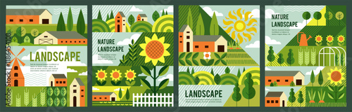 Nature garden pattern. House farm, geometry background plant. Poster agriculture, flower, green tree, forest decoration. Village abstract flat Bauhaus style. Vector geometric cartoon flat illustration