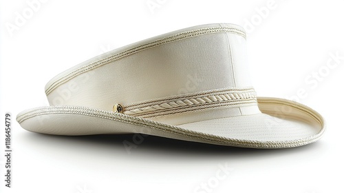 White kepi hat angled on white background.