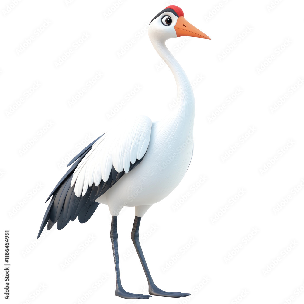 Fototapeta premium 3D Cartoon Icon of a Whooping Crane in Playful Style, Ideal for Nature and Wildlife Themes