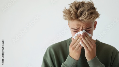 Man Blowing Nose: A young man with blonde hair, wearing a green sweater, blows his nose with a tissue in a simple yet relatable image that portrays the discomfort of a common cold.
