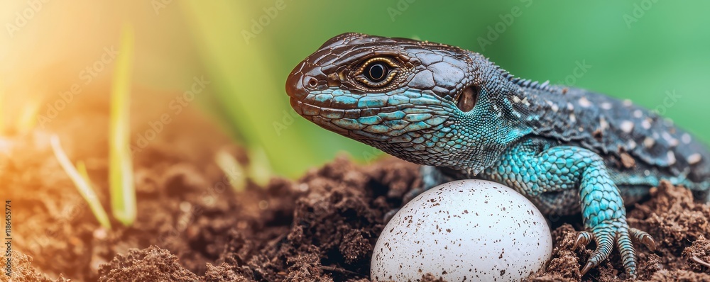 Vibrant Blue Lizard Guarding Egg in Nest Close Up Wildlife Photography