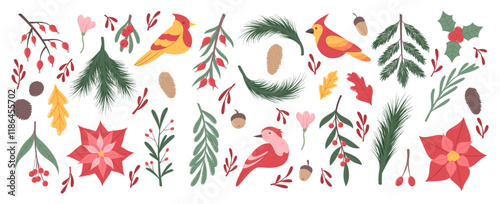 Winter watercolor flower. Decorative element bird and plant pine cone, berry. Floral Christmas, poinsettia, retro greeting. Leaves gold, garden Xmas flowers. Vector garish cartoon flat isolated set