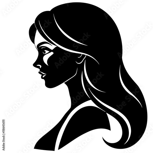 Silhouette of beautiful girl in profile with long hair on white background