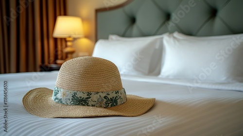 Straw hat on hotel bed. photo