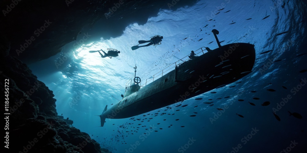 Naklejka premium Exploration of a sunken submarine by divers in a vibrant underwater environment