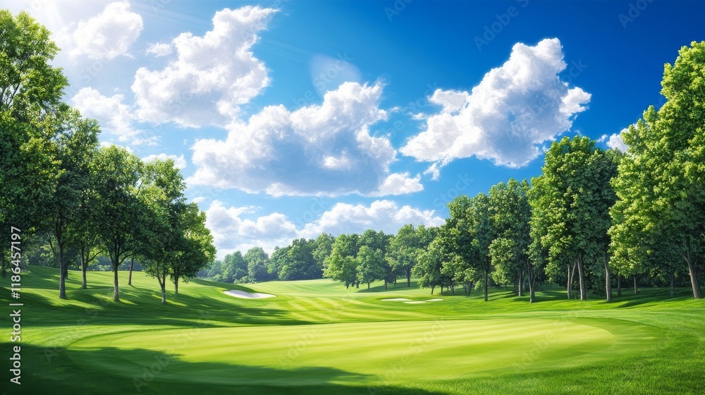 Golf Course Fairway Rolling Under Sunny Sky and Lush Green Trees. Golf Course Fairway Rolling Under Sunny Sky and Lush Green Trees.